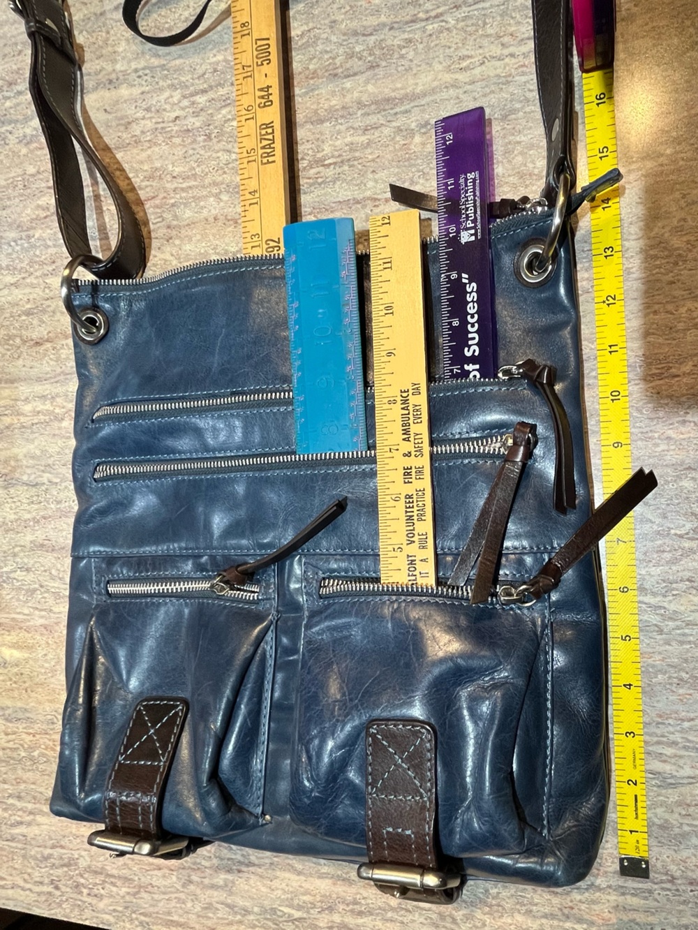Nino BOSSI Women's Navy Leather Crossbody Bag, Dark Brown Leather Trim EUC - Picture 9 of 11